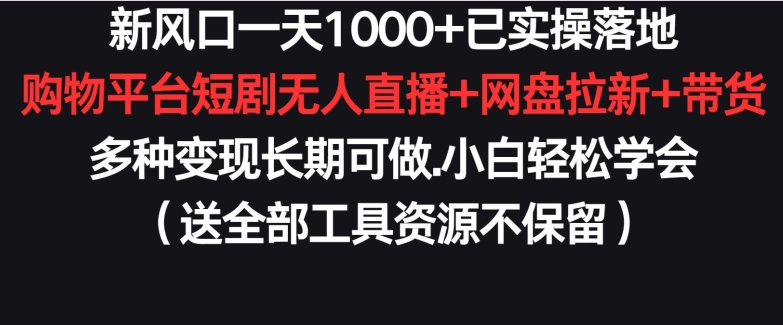 新风口一天1000+已实操落地购物平台短剧无人直播+网盘拉新+带货多种变现长期可做-副业网创