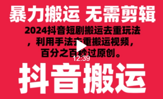 2024最新抖音搬运技术，抖音短剧视频去重，手法搬运，利用工具去重，达到秒过原创的效果-副业网创