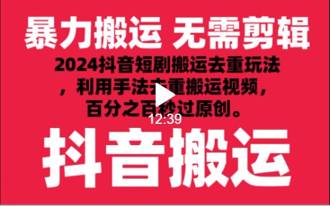 2024最新抖音搬运技术，抖音短剧视频去重，手法搬运，利用工具去重，秒过原创！-副业网创
