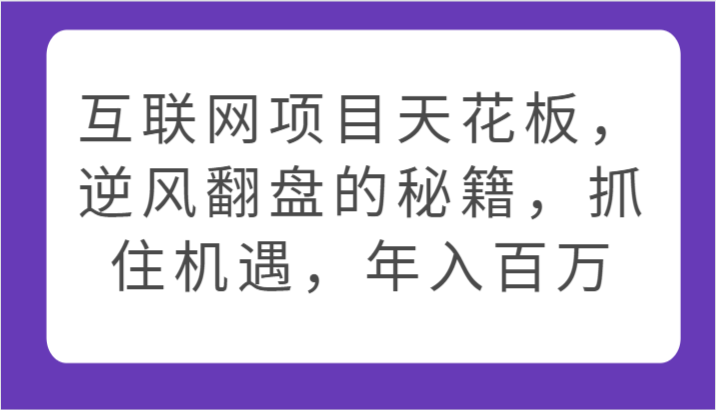互联网项目天花板，逆风翻盘的秘籍，抓住机遇，年入百万-副业网创