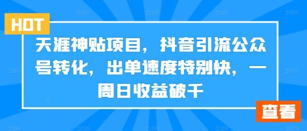 天涯神贴项目，抖音引流公众号转化，出单速度特别快，一周日收益破千-副业网创