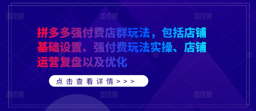 拼多多强付费店群玩法，包括店铺基础设置、强付费玩法实操、店铺运营复盘以及优化-副业网创