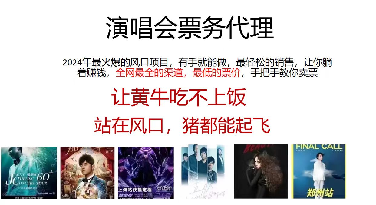 演唱会票务代理，2024年最火爆风口项目，全网最低的票价，小白一分钟上手日入2000+-副业网创