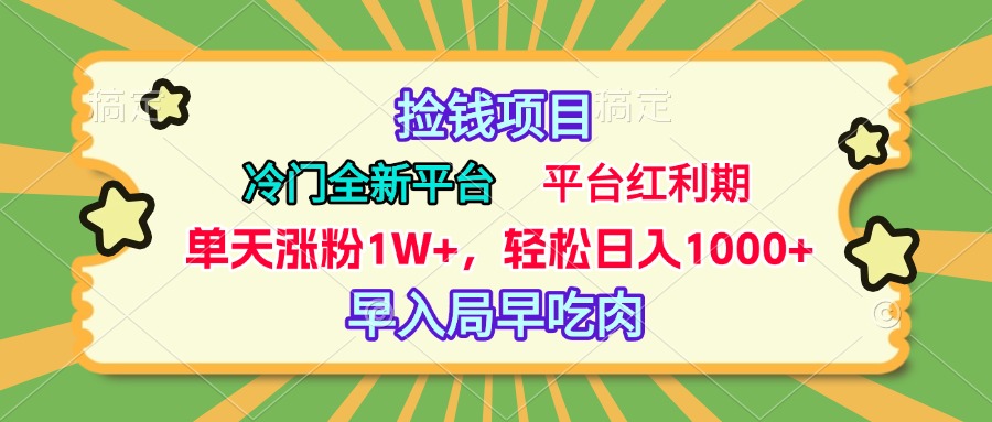 冷门全新捡钱平台，当天涨粉1W+，日入1000+，傻瓜无脑操作-副业网创