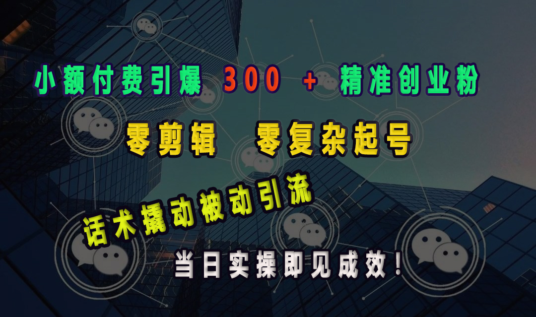 小额付费引爆 300 + 精准创业粉，零剪辑、零复杂起号，话术撬动被动引流，当日实操即见成效！-副业网创